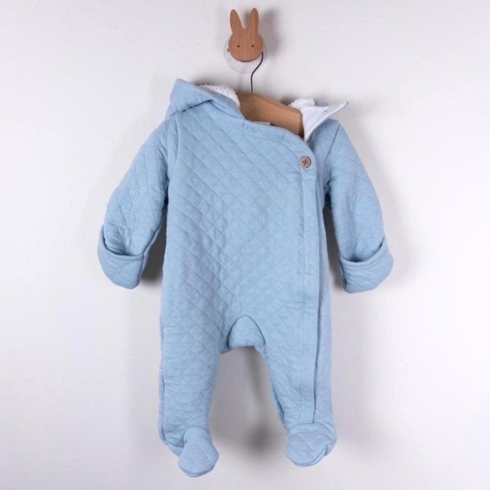 Carter's Pram Suit Blue Quilted Sherpa Hooded Bear Ear Footed Baby 3 Months